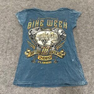 Daytona Bike Week T-Shirt Women Large Blue 2019 Graphic Tee Acid Wash Cotton